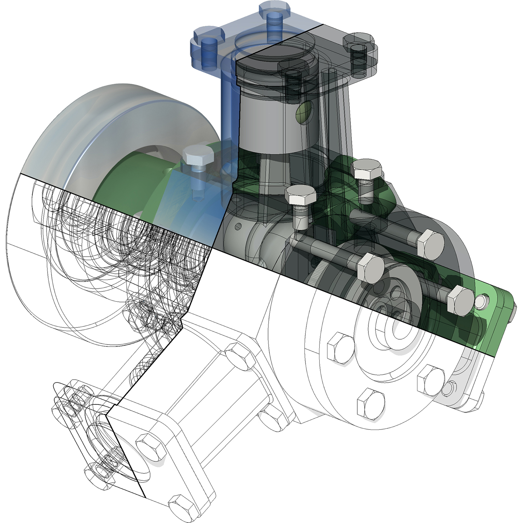 Der Motor wird im Shading-, Hiddenline-, Draht- und Rendering-Modus dargestellt.