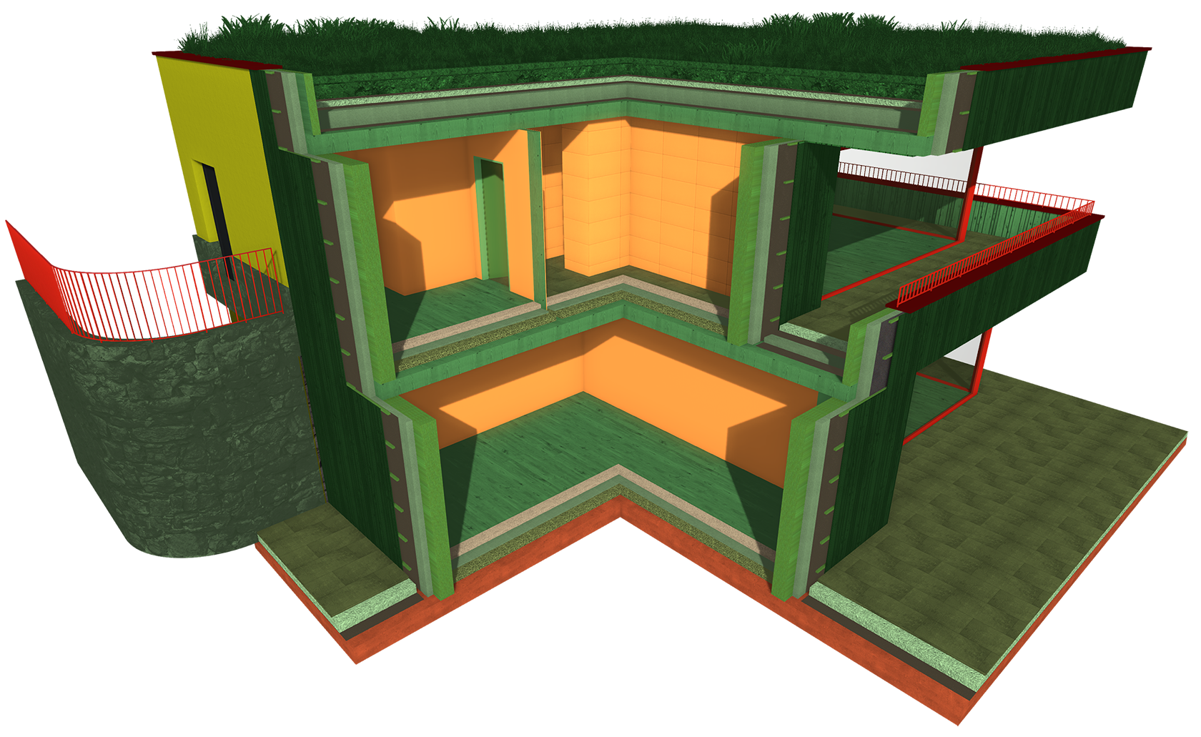 Farbliche Darstellung des CO2-Ausstoßes der geplanten Materialien im fertigen Gebäude